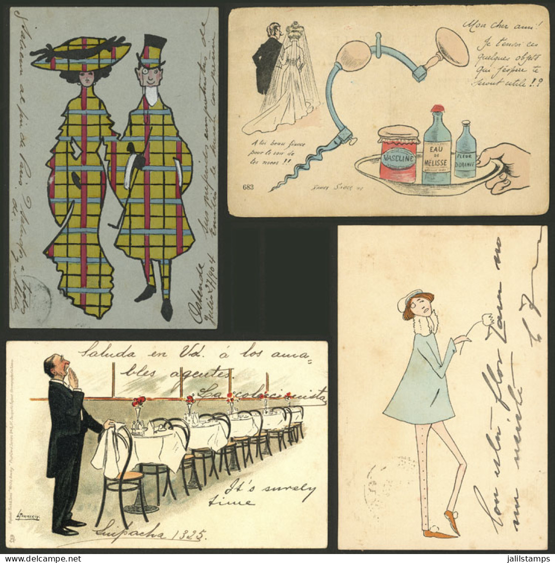WORLDWIDE: COMIC, ARTISTIC, ETC: 9 Old Postcards Of Several Countries With Very Good Views (including 2 Hand-painted!),  - Sonstige & Ohne Zuordnung