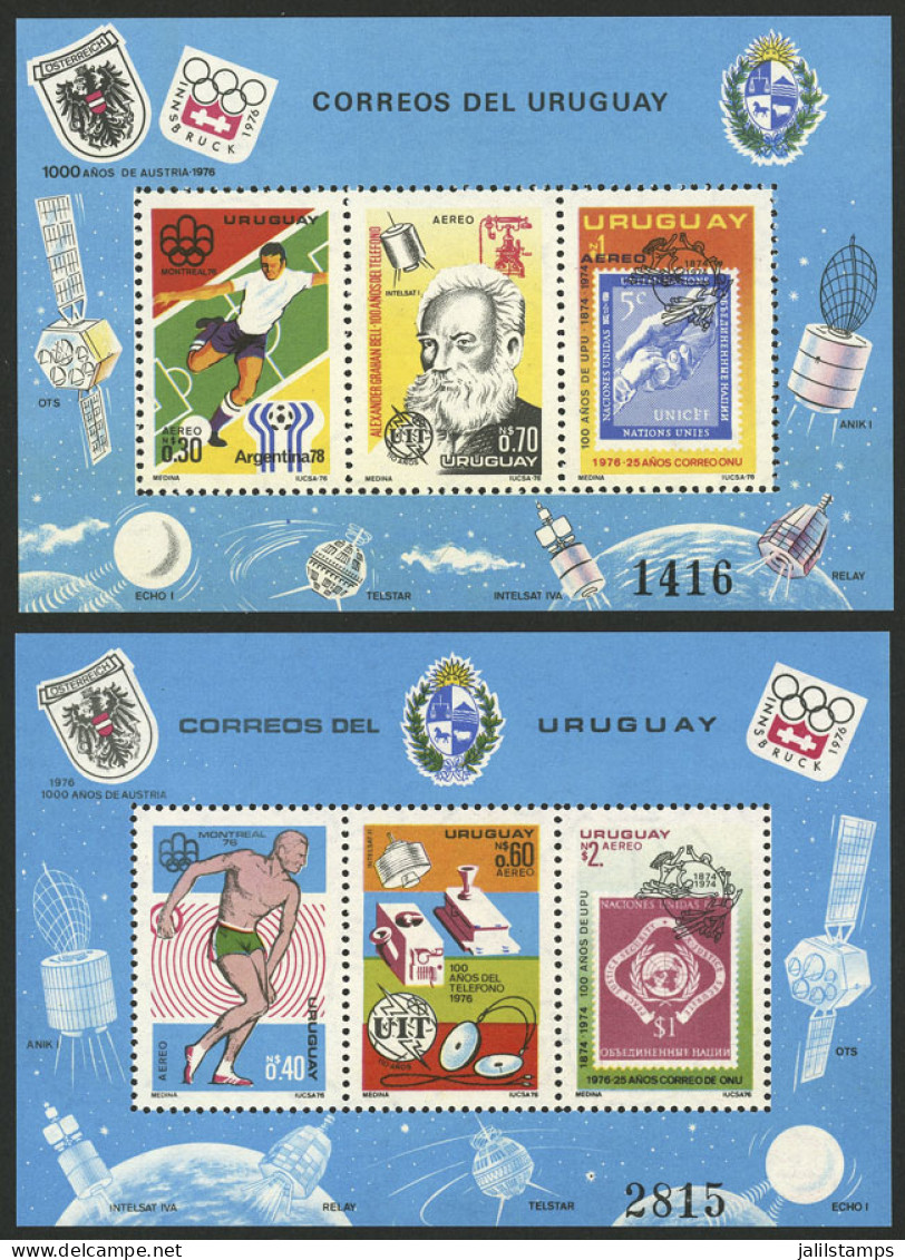 URUGUAY: Set Of 2 Souvenir Sheets Issued In 1976, Very Thematic: Football, Sport, Telephone, Satellite Etc., MNH, Excell - Uruguay