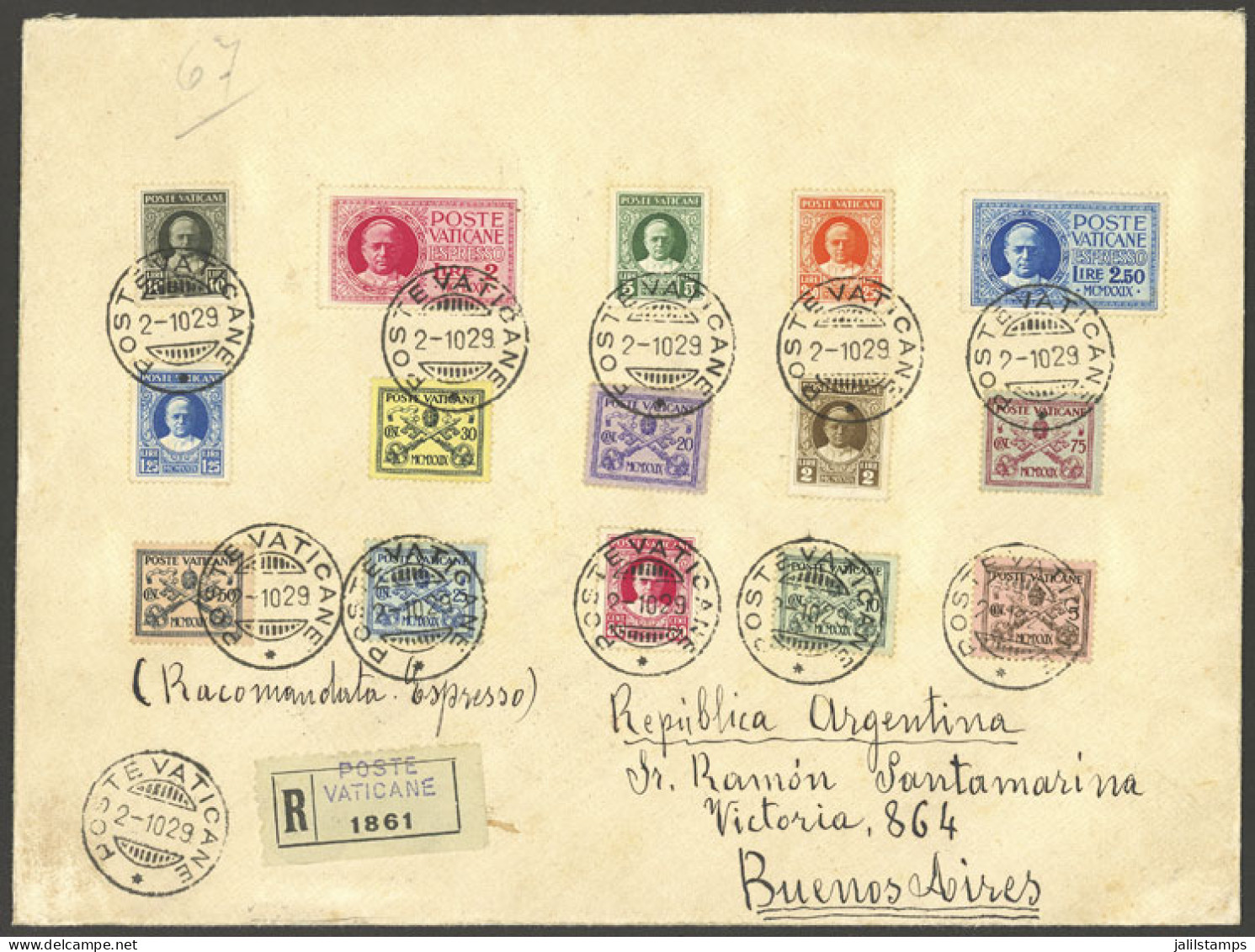 VATICAN: 2/OC/1929 Vatican - Argentina, Registered Cover Franked With The Complete Set Of 1929 (coat Of Arms And Pope Pi - Other & Unclassified