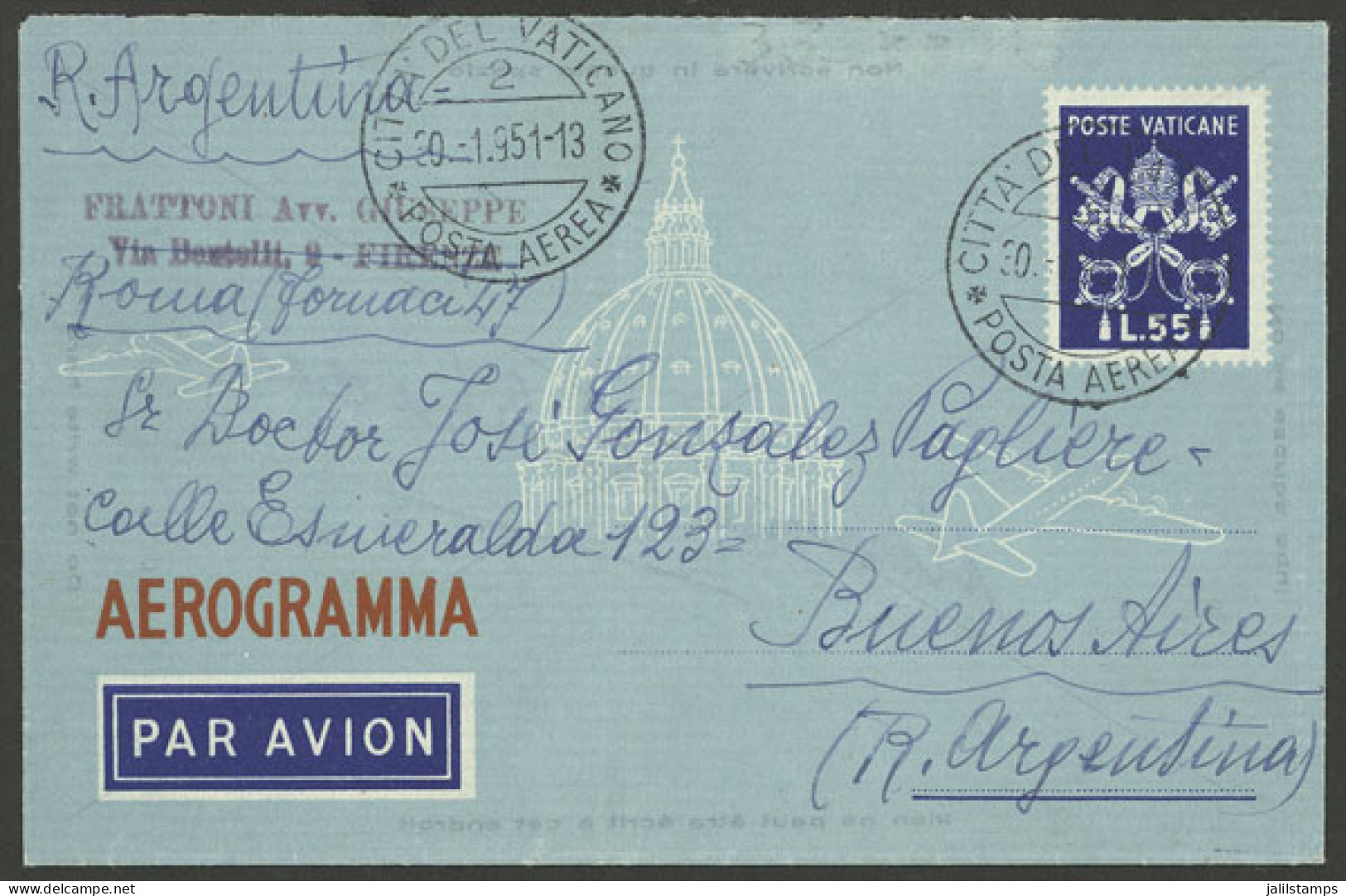 VATICAN: 55L. Aerogram Sent To Argentina On 30/JA/1951, VF Quality! - Other & Unclassified