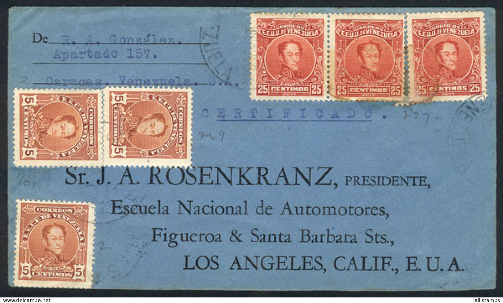 VENEZUELA: AU/1929 Caracas - Los Angeles (USA), Cover Franked With 90c., With Arrival Backstamps, Interesting! - Venezuela