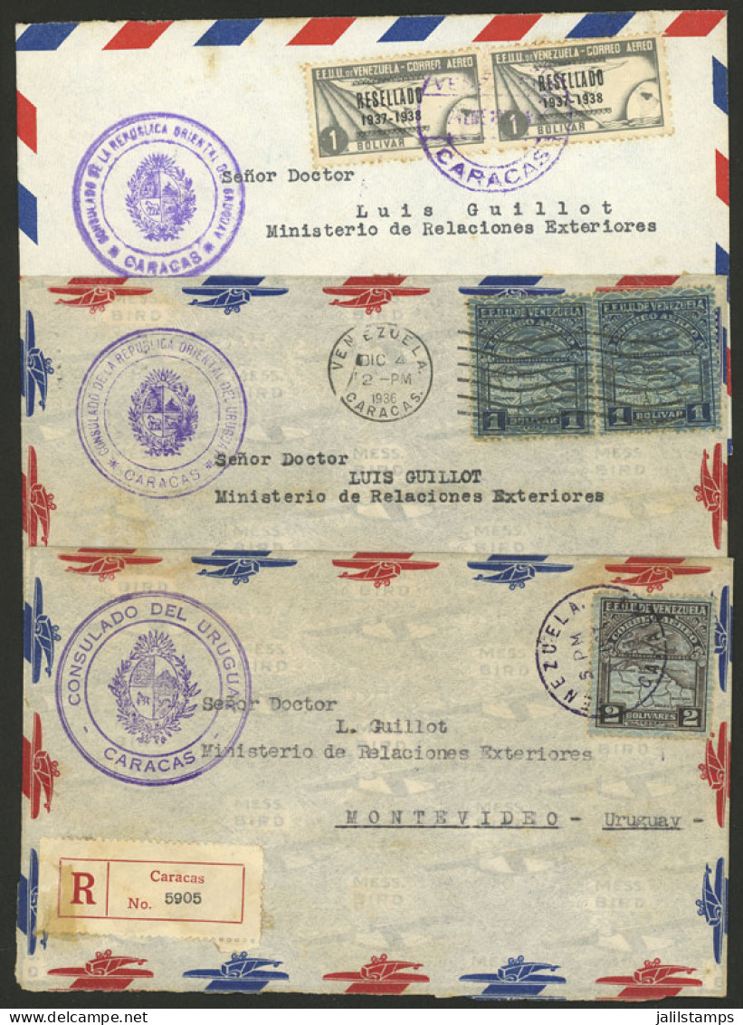 VENEZUELA: 3 Diplomatic Covers Sent By Registered Airmail Franked With 2B., To Uruguay Between OC/1936 And JA/1937, Very - Venezuela