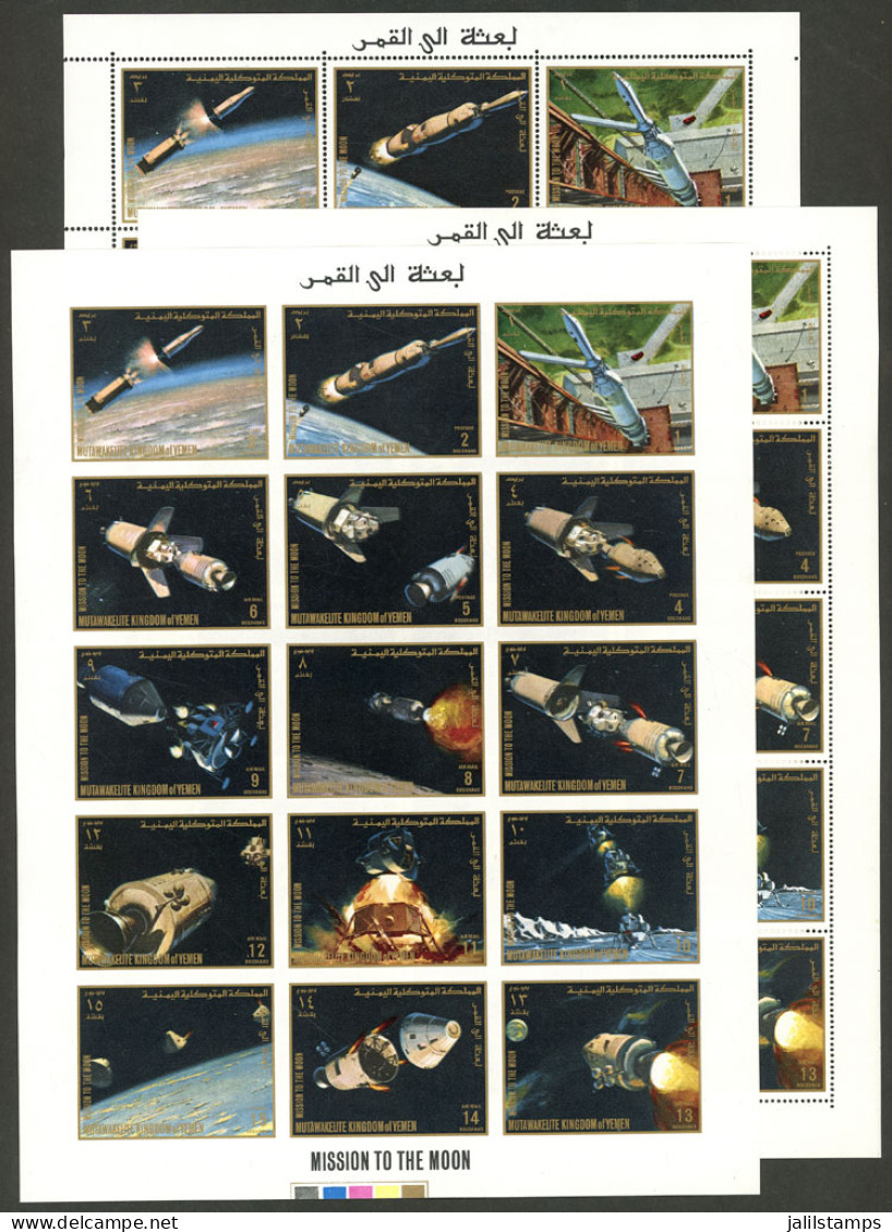 YEMEN: Michel 726/40, 1969 Space Exploration, Set Of 15 Values Perforated And IMPERFORATE + Another Sheet With Golden Ov - Yémen