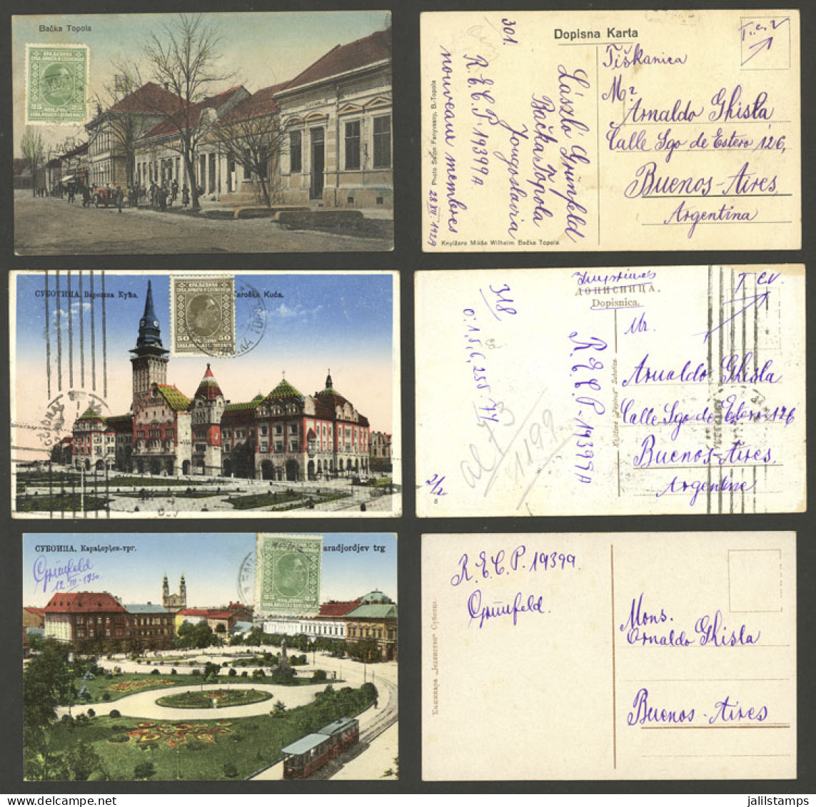 YUGOSLAVIA: 3 Postcards With Nice Views Of Backa Topola And Other Cities, Sent To Argentina In 1929/30, VF Quality! - Sonstige & Ohne Zuordnung