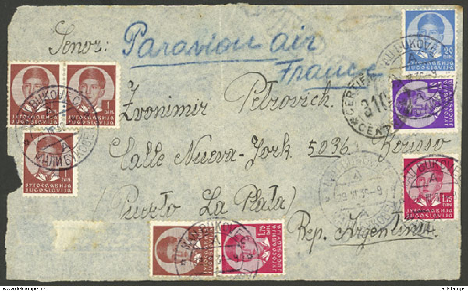 YUGOSLAVIA: Airmail Cover Front Sent From Mali Bocuvek To Argentina On 29/MAR/1936 Via "Air France" With Nice Multicolor - Sonstige & Ohne Zuordnung