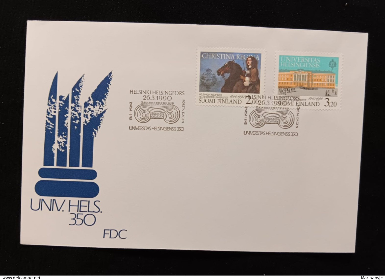 D)1990, FINLAND, FIRST DAY COVER, ISSUE, 350TH ANNIVERSARY OF THE UNIVERSITY OF HELSINKI, QUEEN CHRISTINA, FOUNDER, THE - Autres & Non Classés
