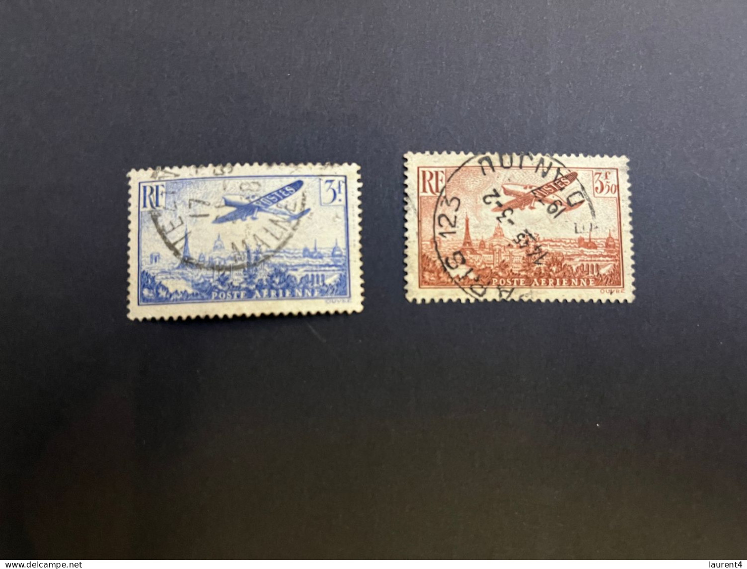 20-4-2024 (stamp) 2 Used Stamp - FRANCE - Poste Aerienne (3 Fr & 3,50 Fr) - 1927-1959 Matasellados