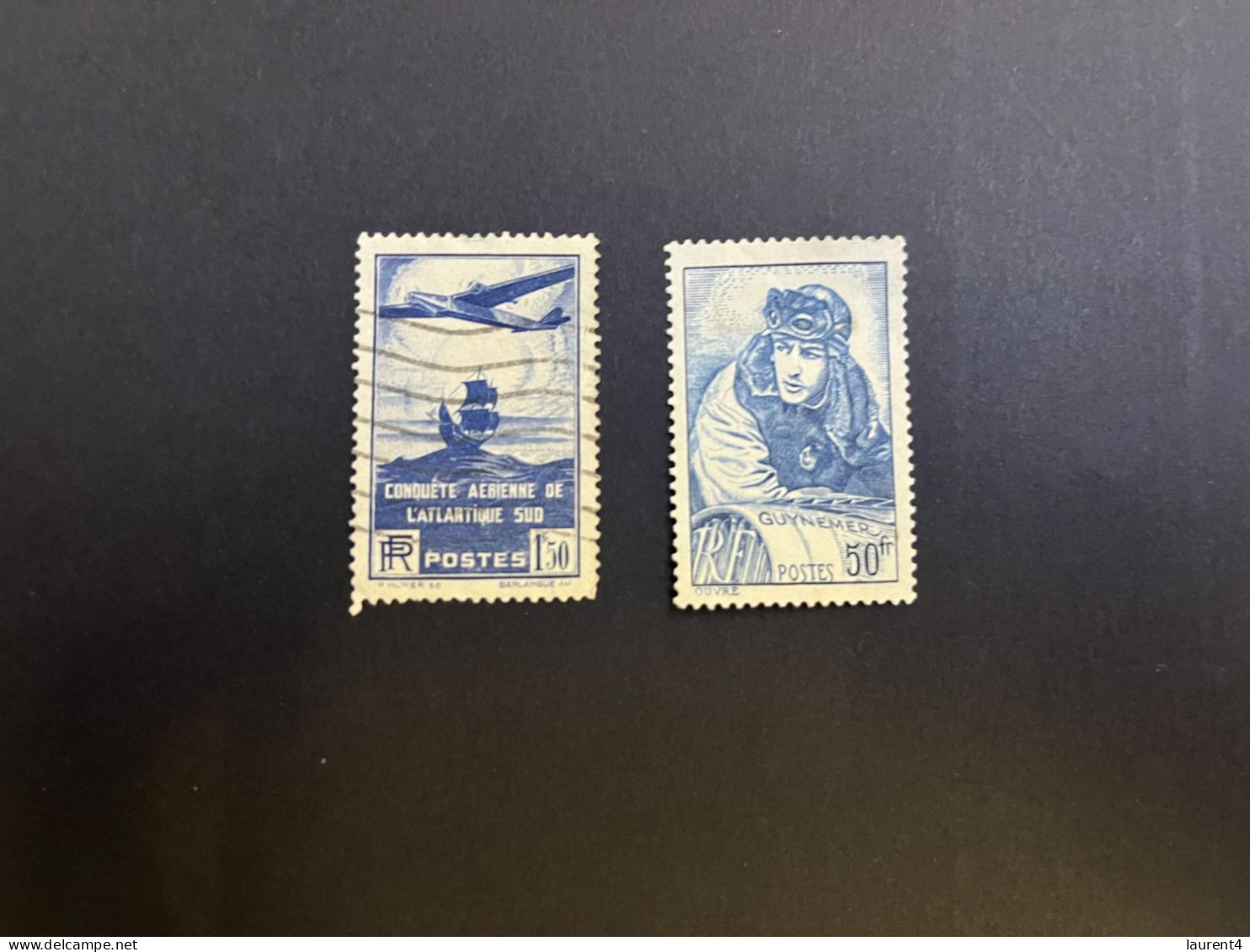 20-4-2024 (stamp) 2 Used Stamp - FRANCE - Poste Aerienne (1,50 Fr + 50 Fr) - 1927-1959 Used