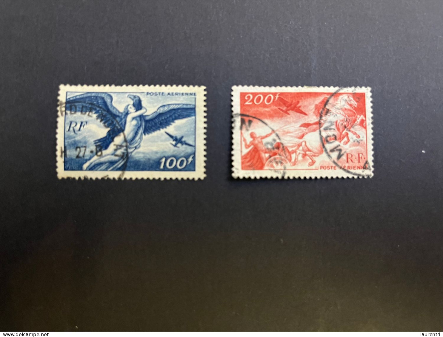 20-4-2024 (stamp) 2 Used Stamp - FRANCE - Poste Aerienne (100 Fr + 200 Fr) - 1927-1959 Usati