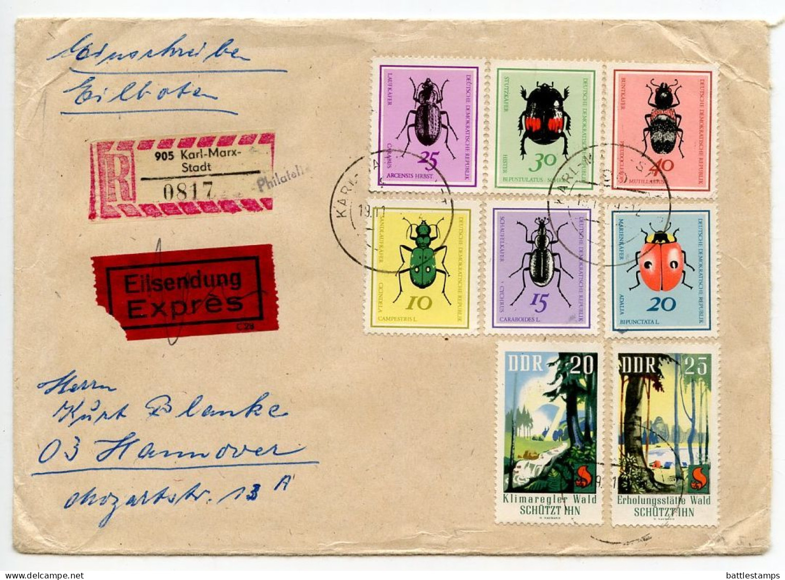 Germany East 1969 Registered Cover; Karl-Marx-Stadt To Hannover; Insect Stamps; Tauschsendung Exchange Control Label - Covers & Documents