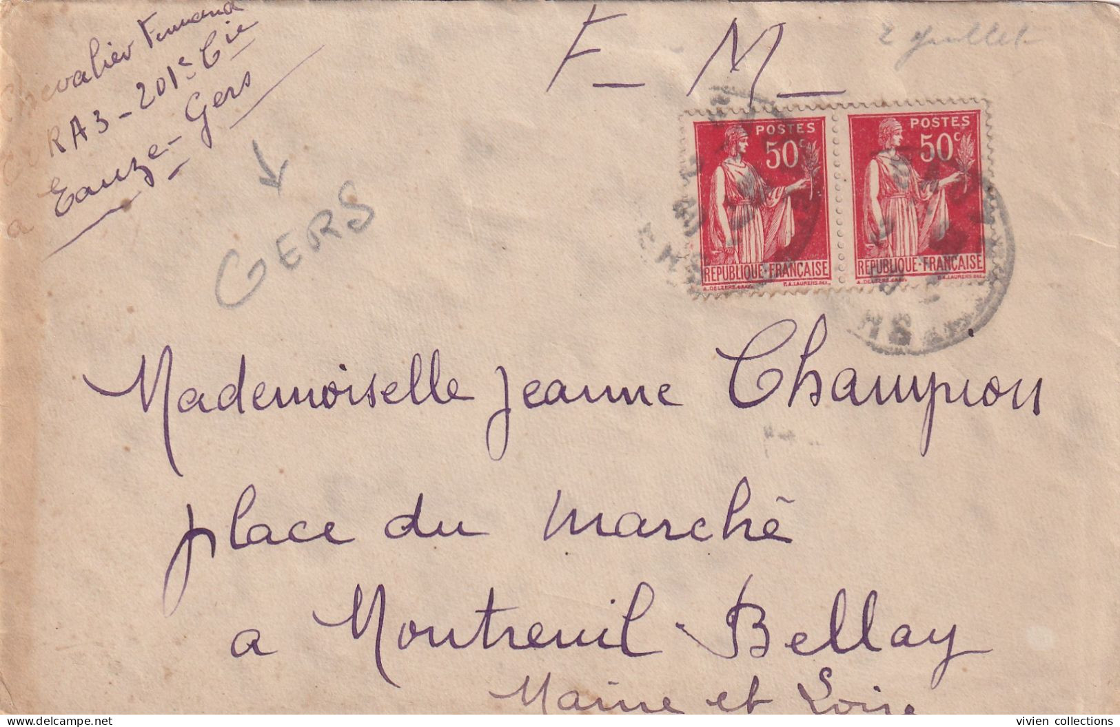 Eauze (32) Lettre En Franchise Pour Montreuil Bellay Mais Pourtant Affranchie Type Paix ? En 1940 - Guerre De 1939-45