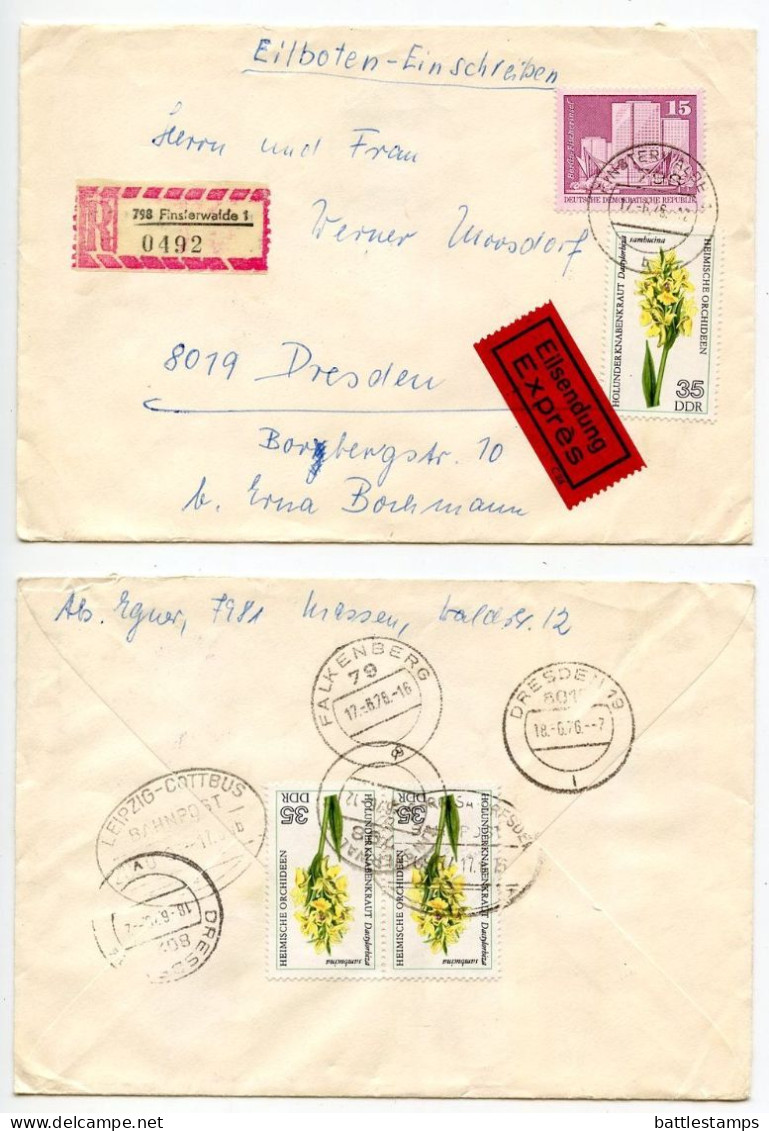 Germany East 1976 Registered Express Cover; Finsterwalde To Dresden; Orchid Flower Stamps; Bahnpost Postmarks - Lettres & Documents
