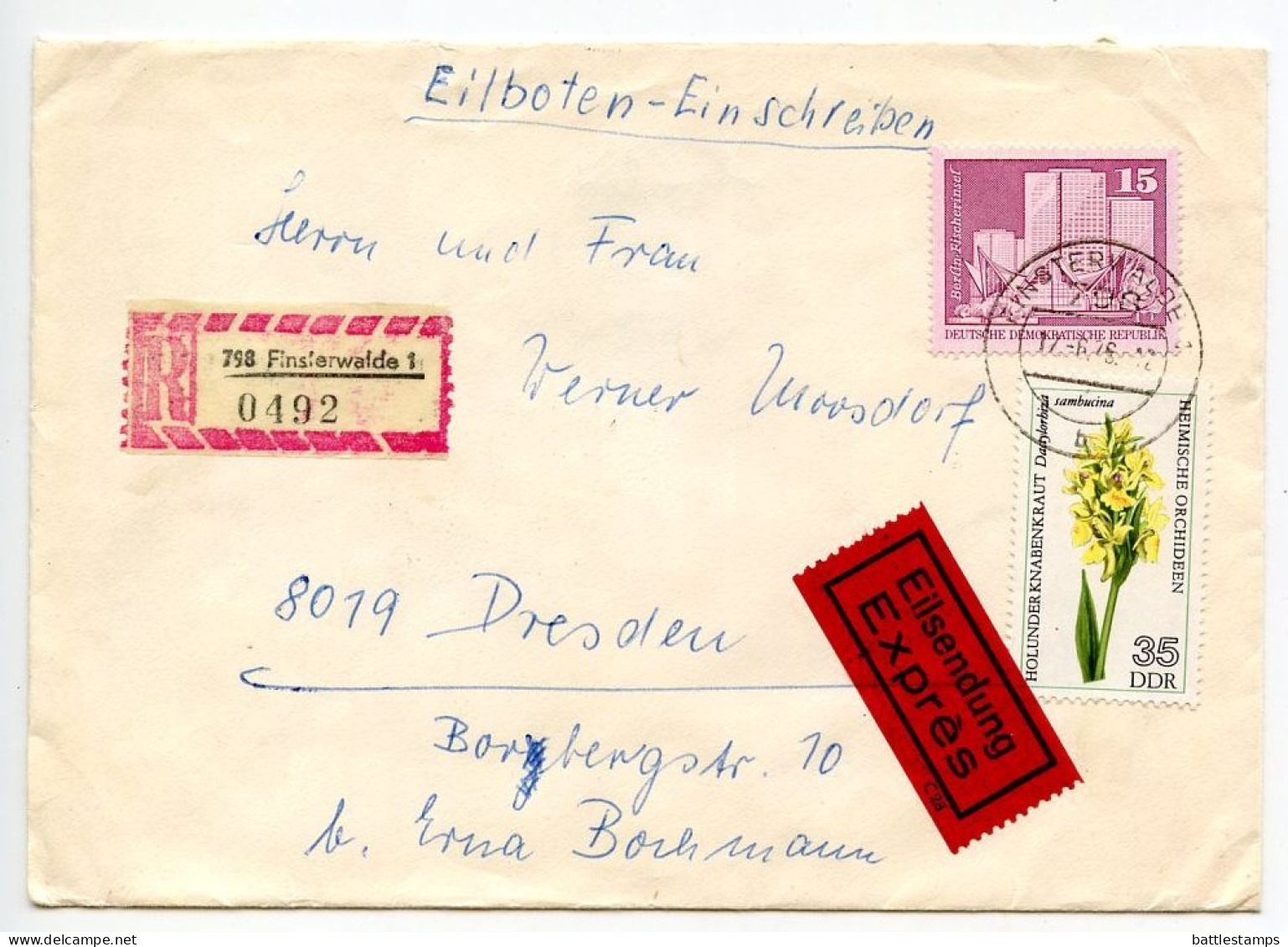 Germany East 1976 Registered Express Cover; Finsterwalde To Dresden; Orchid Flower Stamps; Bahnpost Postmarks - Lettres & Documents