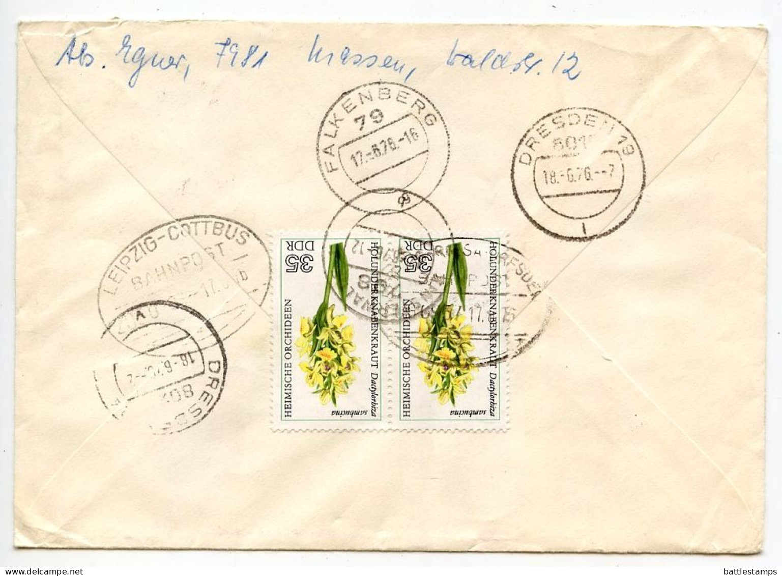 Germany East 1976 Registered Express Cover; Finsterwalde To Dresden; Orchid Flower Stamps; Bahnpost Postmarks - Covers & Documents