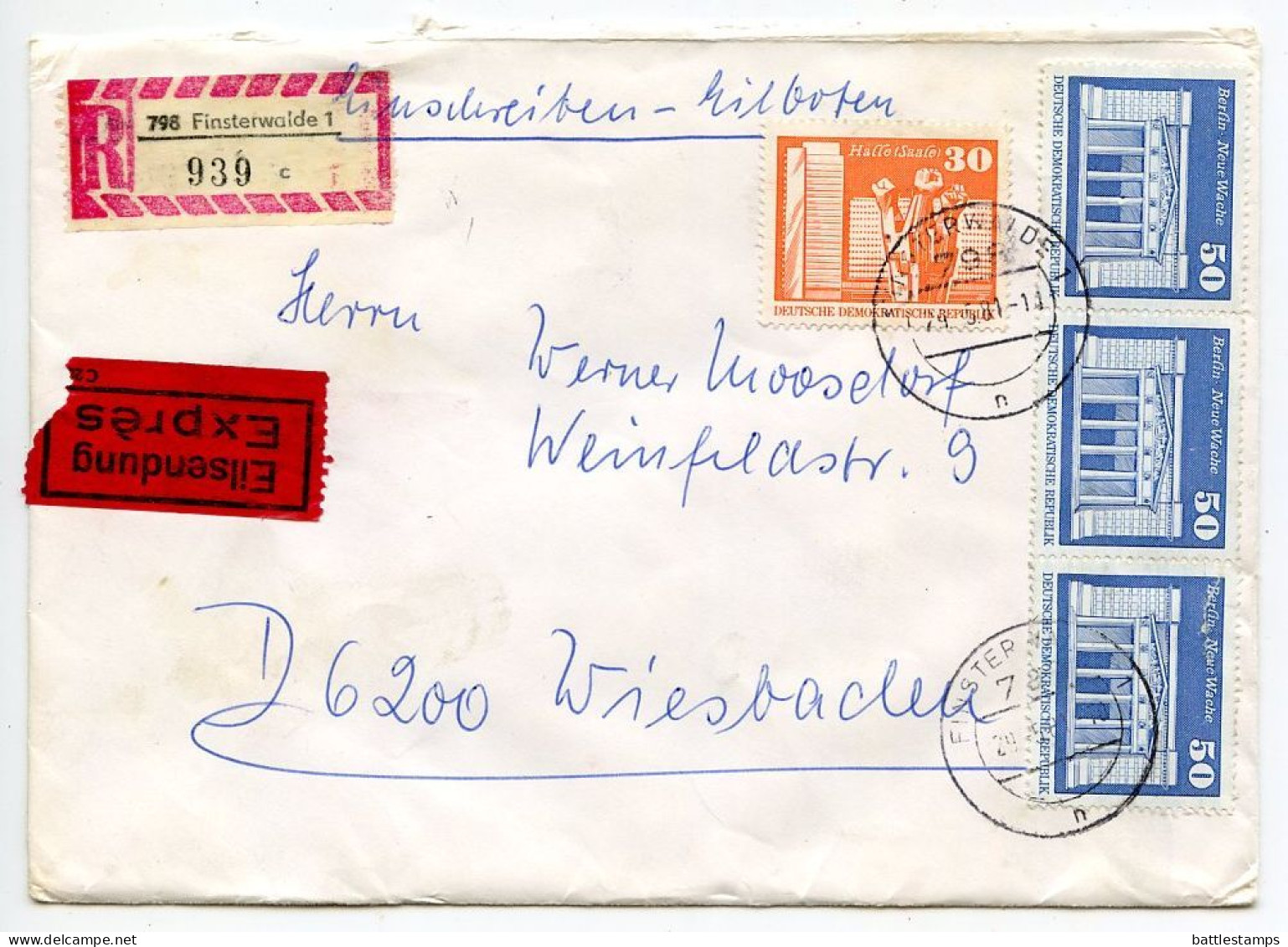 Germany East 1981 Registered Express Cover; Finsterwalde To Wiesbaden; 30pf. Halle & Three 50pf. Berlin Stamps - Cartas & Documentos