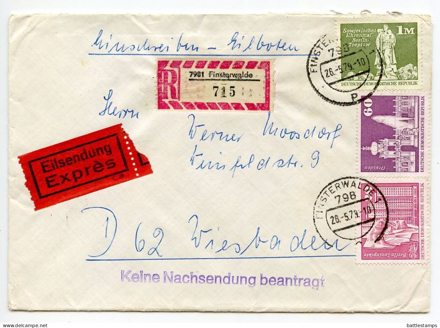 Germany East 1979 Registered Express Cover; Finsterwalde To Wiesbaden; Mix Of Definitive Stamps - Briefe U. Dokumente
