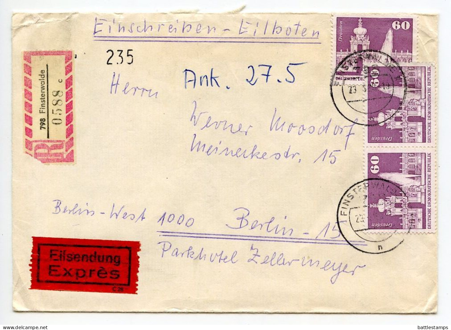 Germany East 1980 Registered Express Cover; Finsterwalde To Berlin; 60pf. Dresden Stamps X 3 - Cartas & Documentos