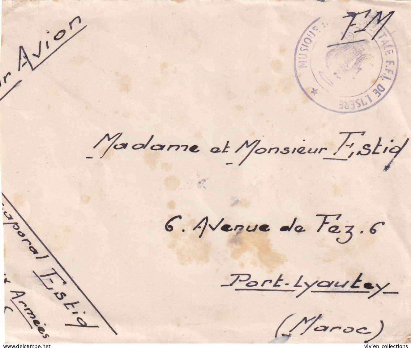 Tampon Musique Départementale FFI De L'Isère (38) Lettre (recoupée) Pour Le Maroc En 1944 - Guerra De 1939-45