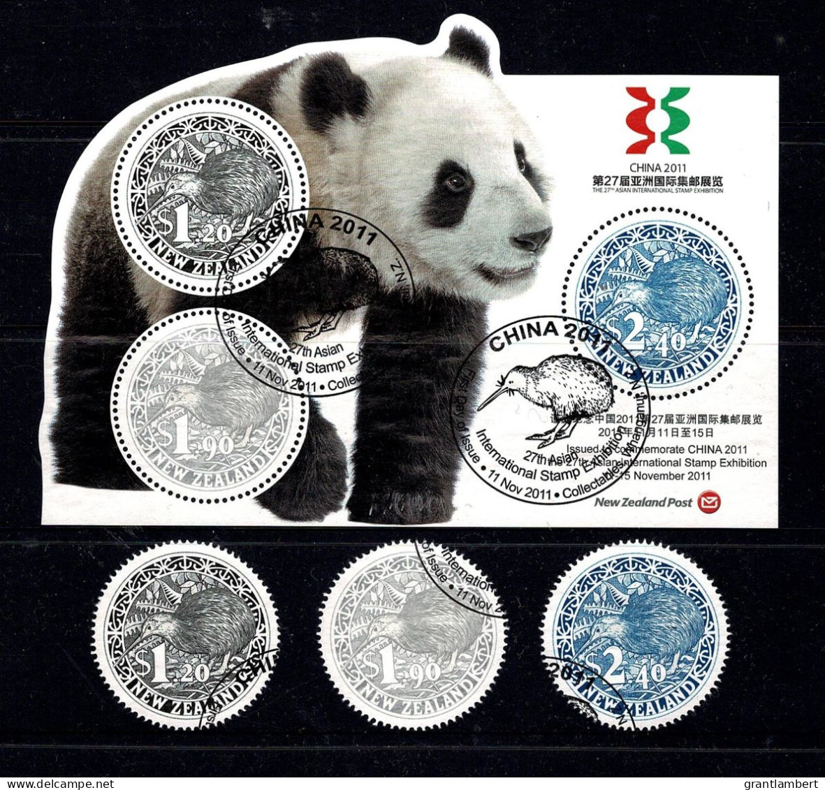 New Zealand 2010 CHINA 2011 Exhib. Panda Minisheet + The Three Round Kiwis Used - Gebruikt