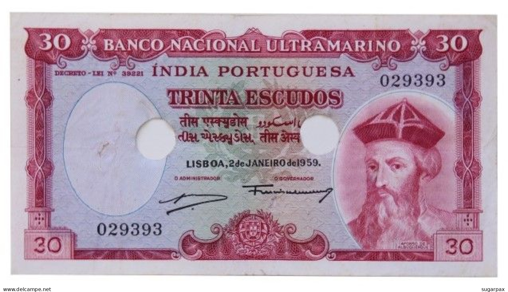 Portuguese INDIA - 30 Escudos - 2.01.1959 - Pick 41 - Canceled With Two Holes - Afonso De Albuquerque - Portogallo