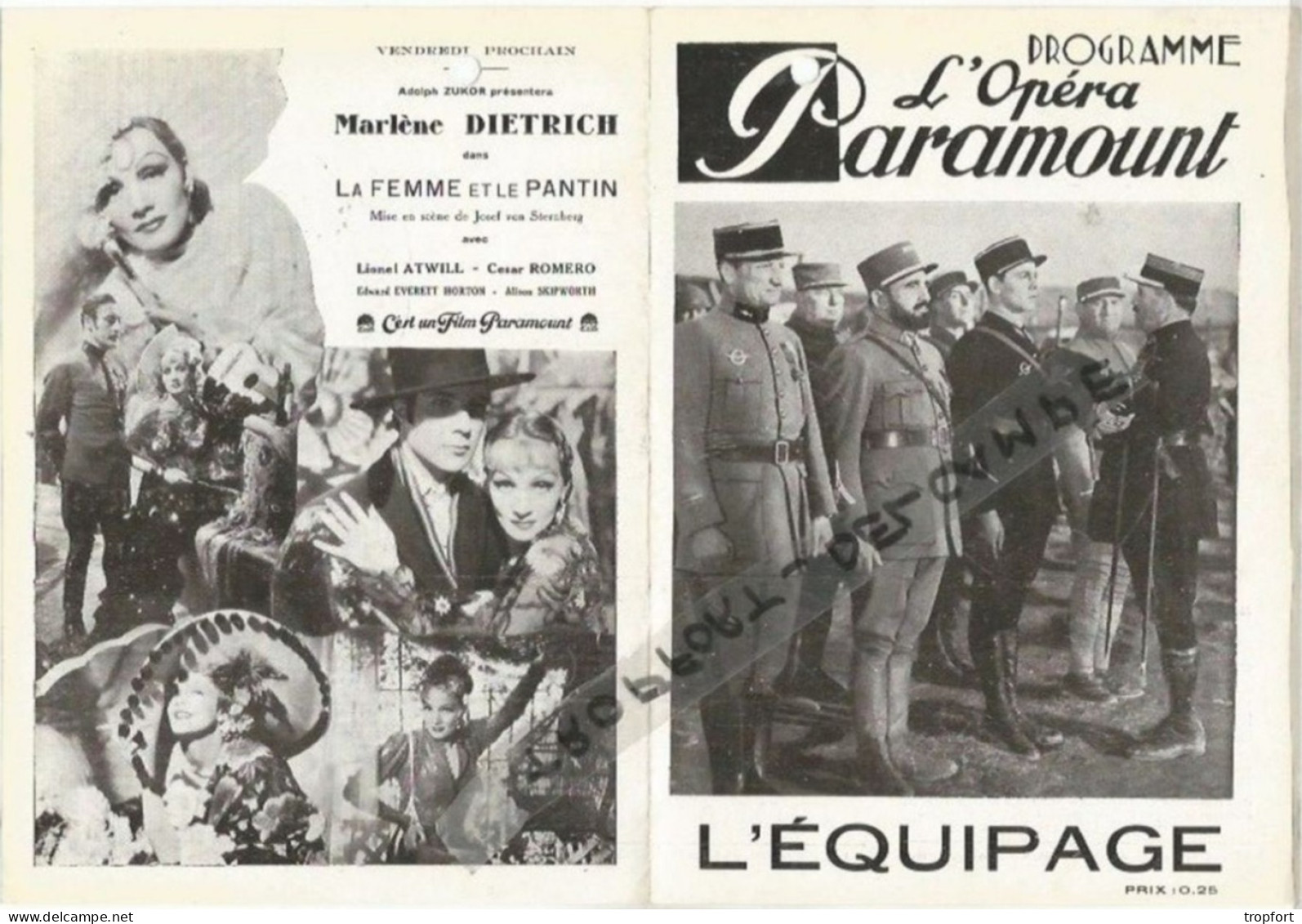 FF / Programme CINEMA Ancien  OPERA PARAMOUNT LILLE  1935 L'EQUIPAGE / CHARLIE CHAN / MARLENE DIETRICH - Programs