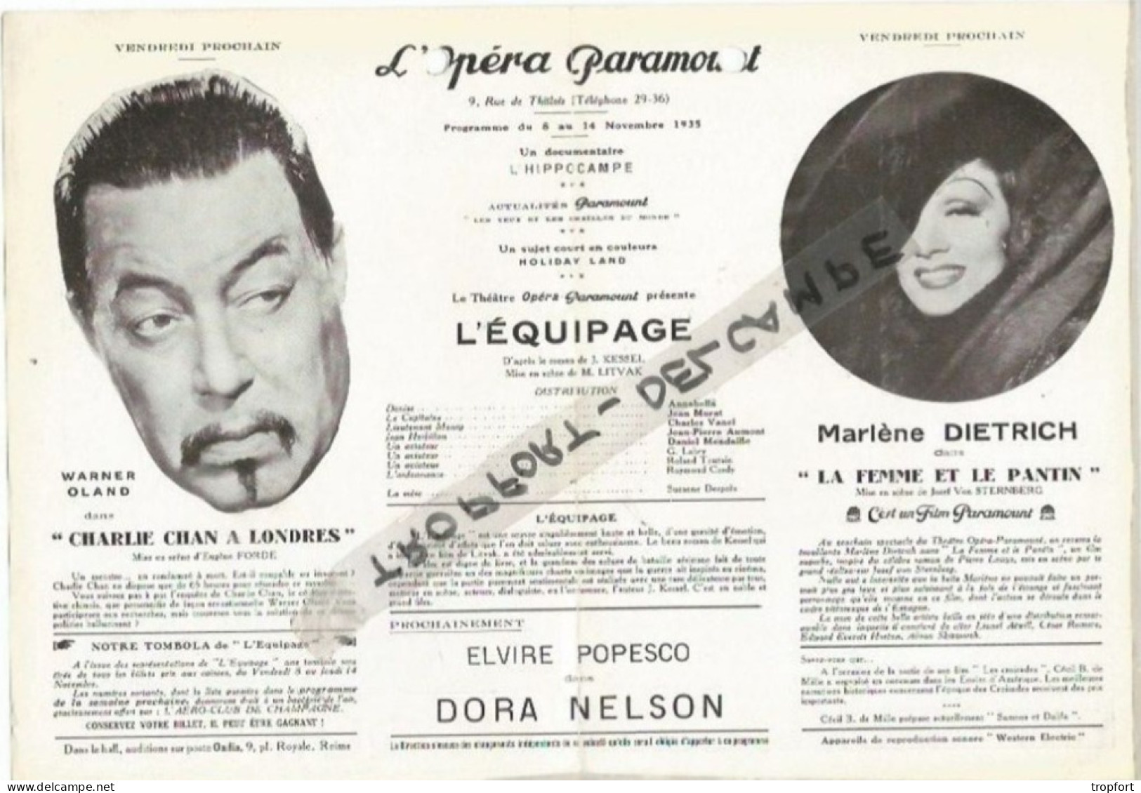 FF / Programme CINEMA Ancien  OPERA PARAMOUNT LILLE  1935 L'EQUIPAGE / CHARLIE CHAN / MARLENE DIETRICH - Programma's