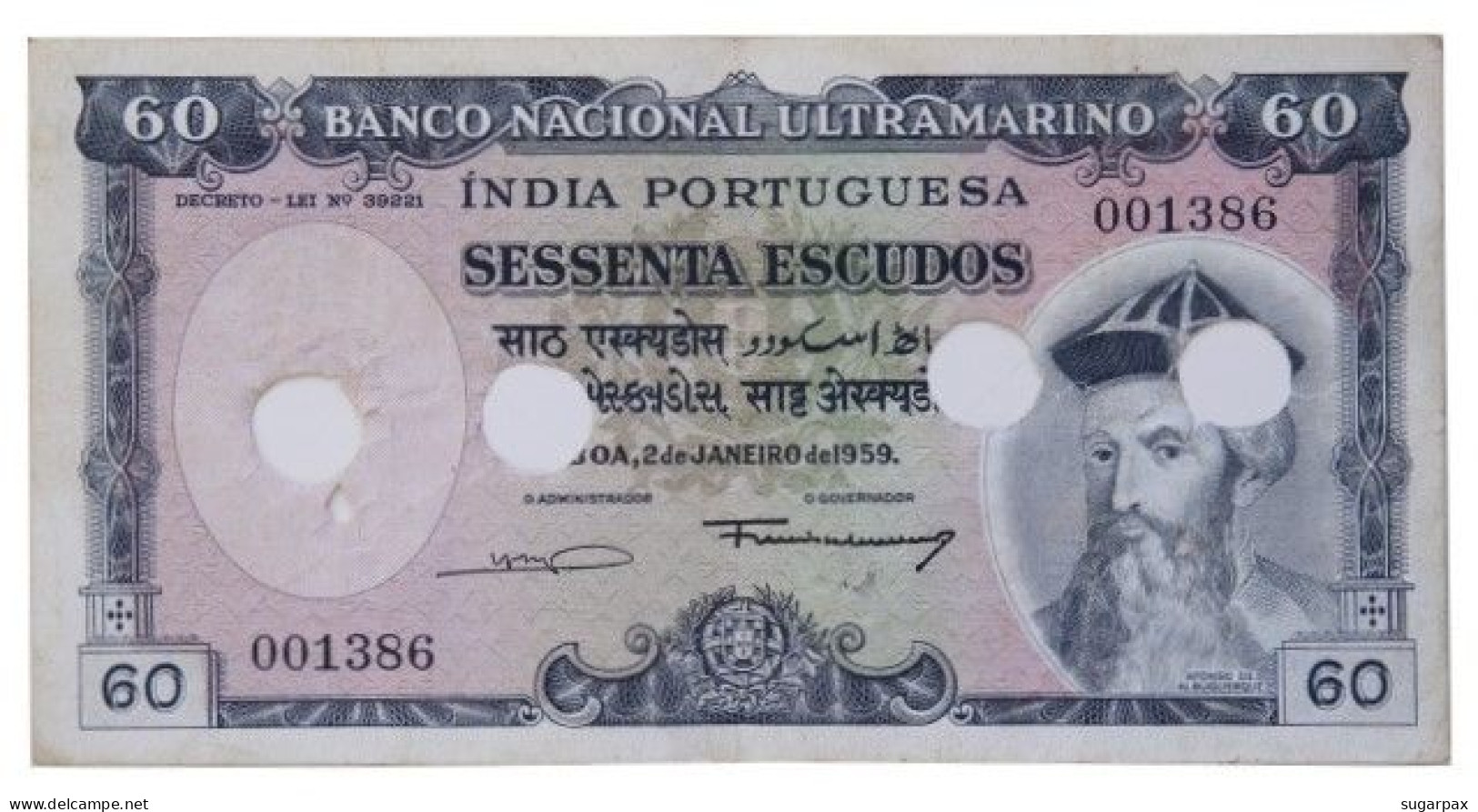 Portuguese INDIA - 60 Escudos - 2.01.1959 - Pick 42 - Canceled With Four Holes - Afonso De Albuquerque - Portugal