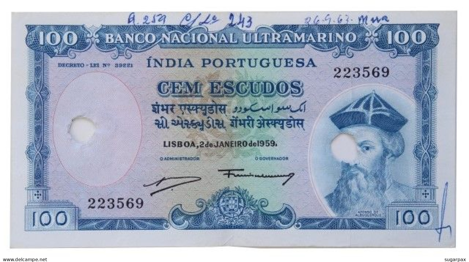 Portuguese INDIA - 100 Escudos - 2.01.1959 - Pick 43 - Canceled With Two Holes - Afonso De Albuquerque - Portogallo