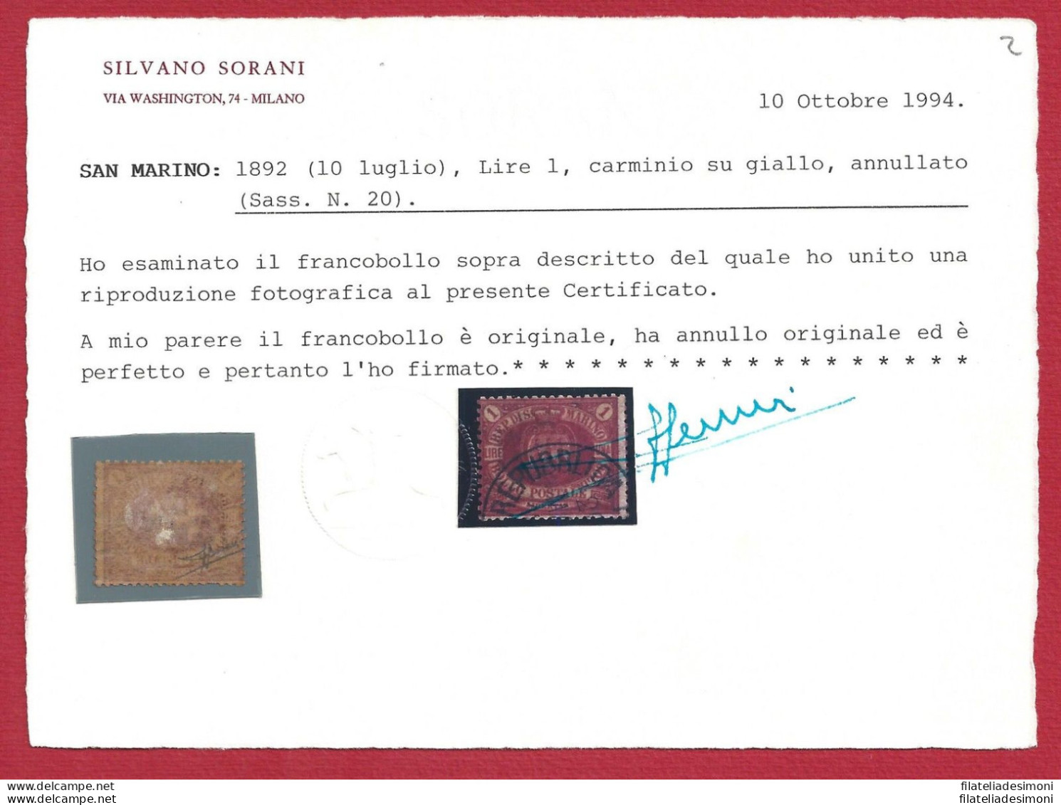 1892 SAN MARINO, N° 20  LIRA ROSSA USATA Certificato Sorani - Sonstige & Ohne Zuordnung
