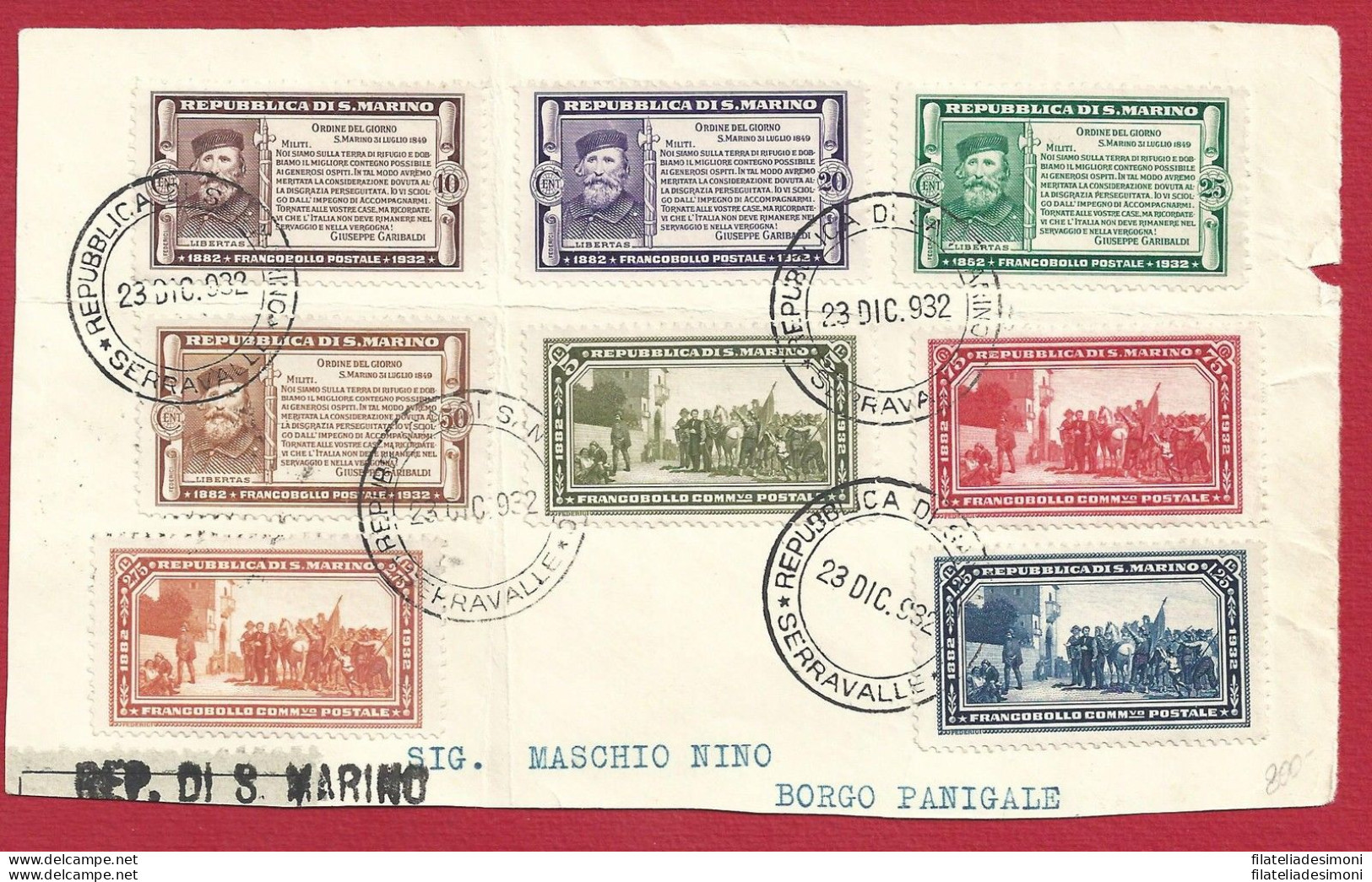 1922 SAN MARINO, N. 168/175 , Garibaldi Serie Completa Su Frammento - Interessan - Sonstige & Ohne Zuordnung