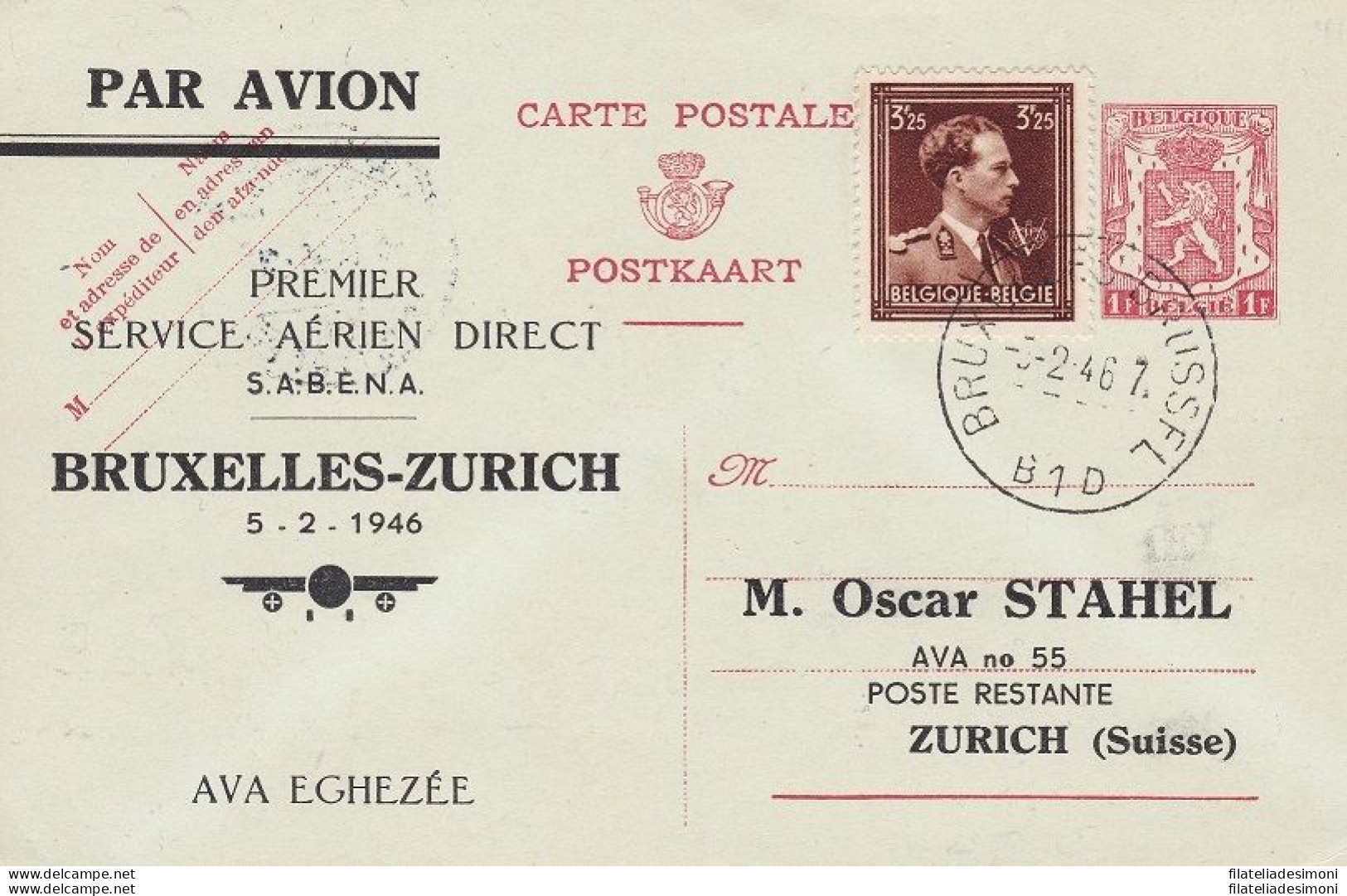 1946 BELGIO ,  Cartolina Primo Volo Bruxelles- Zurigo - Autres & Non Classés