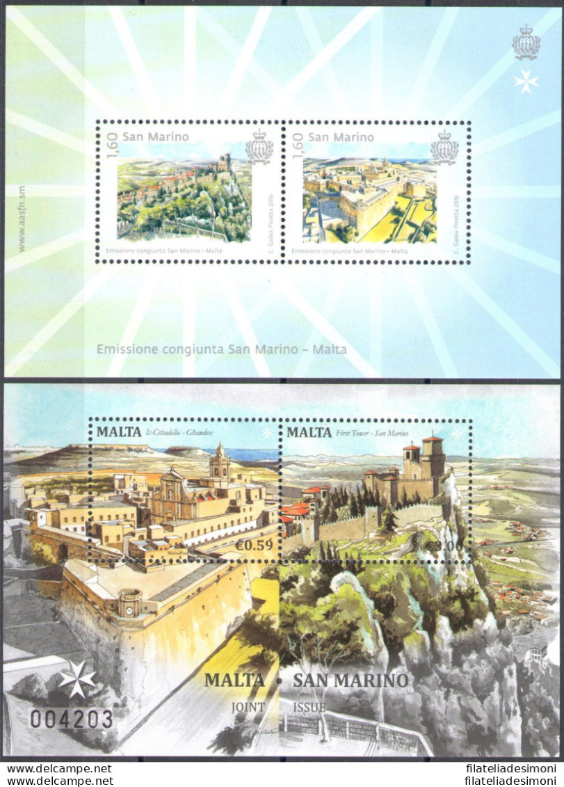 2016 San Marino + Malta Emissione Congiunta 2 Foglietti - MNH ** - Emisiones Comunes