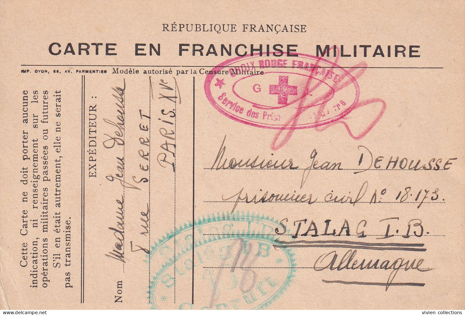 Croix Rouge Française Service Des Prisonniers De Guerre Donnant Franchise 1 Lettre / Semaine Stalag 1 B Prisonnier Civil - WW II