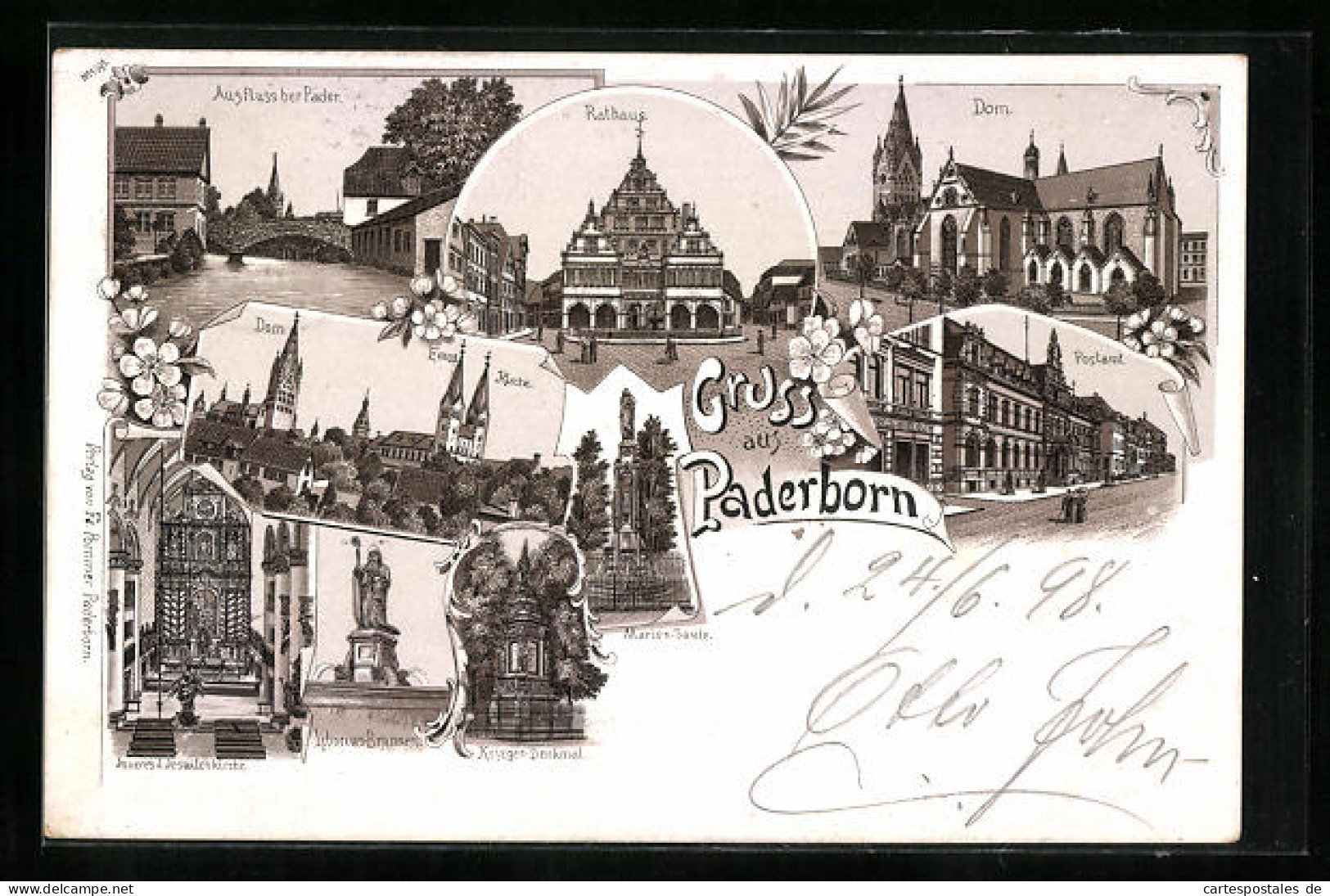 Lithographie Paderborn, Rathaus, Jesuitenkirche, Postamt, Dom  - Paderborn