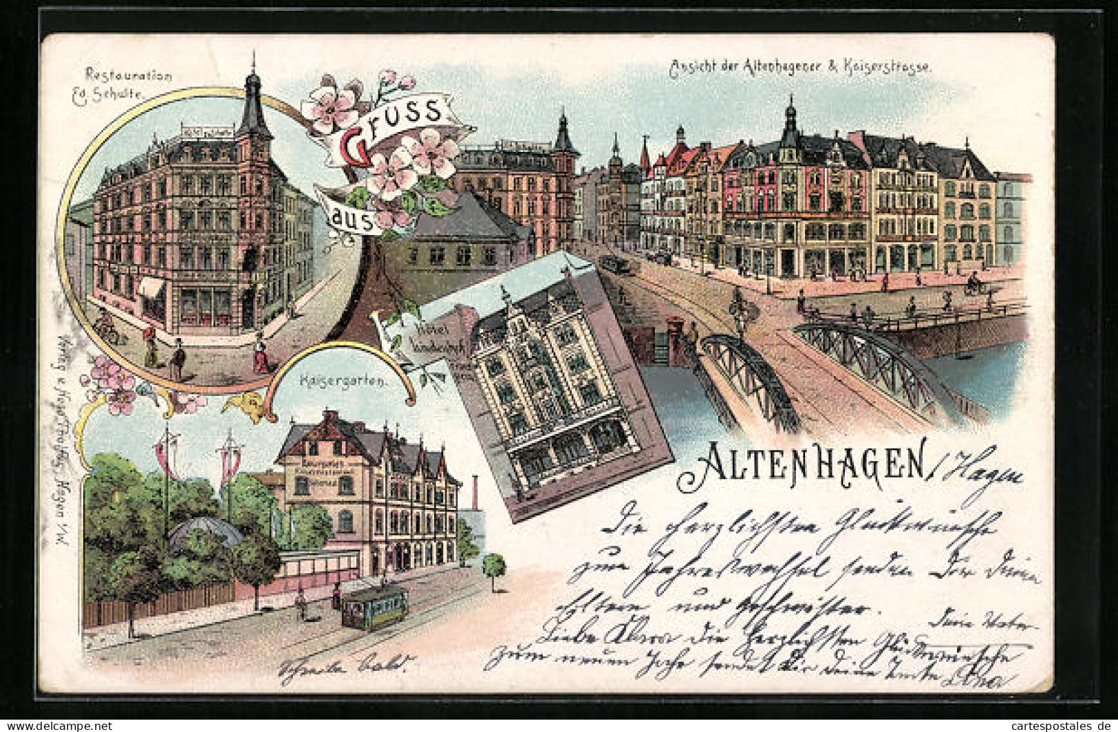 Lithographie Altenhagen, Athenhagener U. Kaiserstrasse, Restaurant Ed. Schulte, Restaurant Kaisergarten  - Sonstige & Ohne Zuordnung