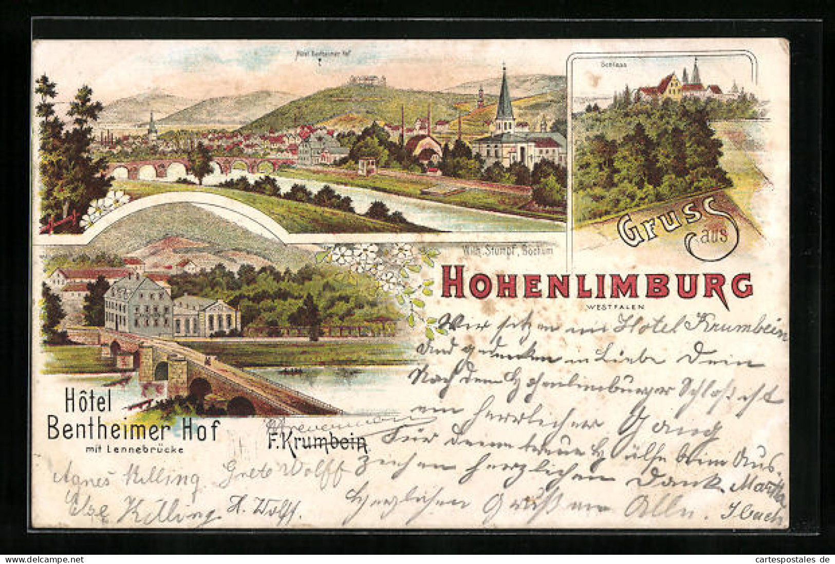 Lithographie Hohenlimburg, Schloss, Hotel Bentheimer Hof, Totalansicht Mit Fluss  - Autres & Non Classés