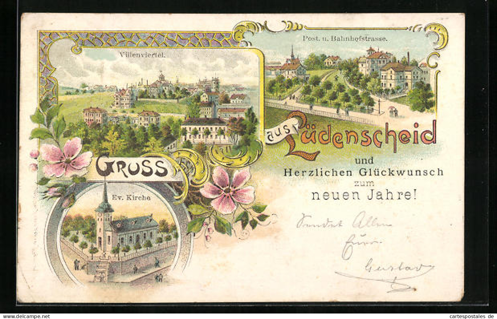 Lithographie Lüdenscheid, Post- Und Bahnhofstrasse, Villenviertel, Ev. Kirche  - Luedenscheid