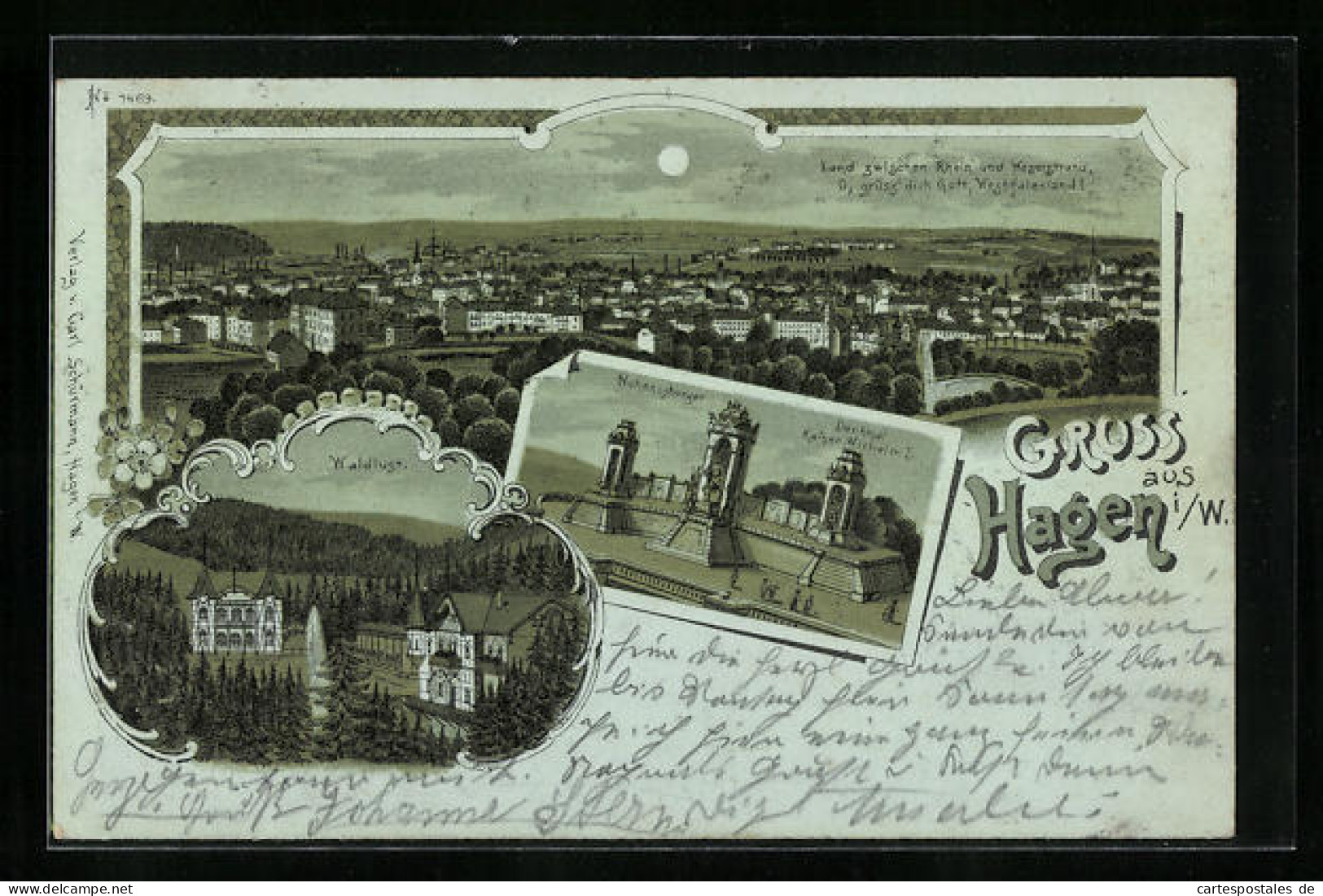 Lithographie Hagen I. W., Waldlust, Denkmal Kaiser Wilhelm, Panorama  - Hagen
