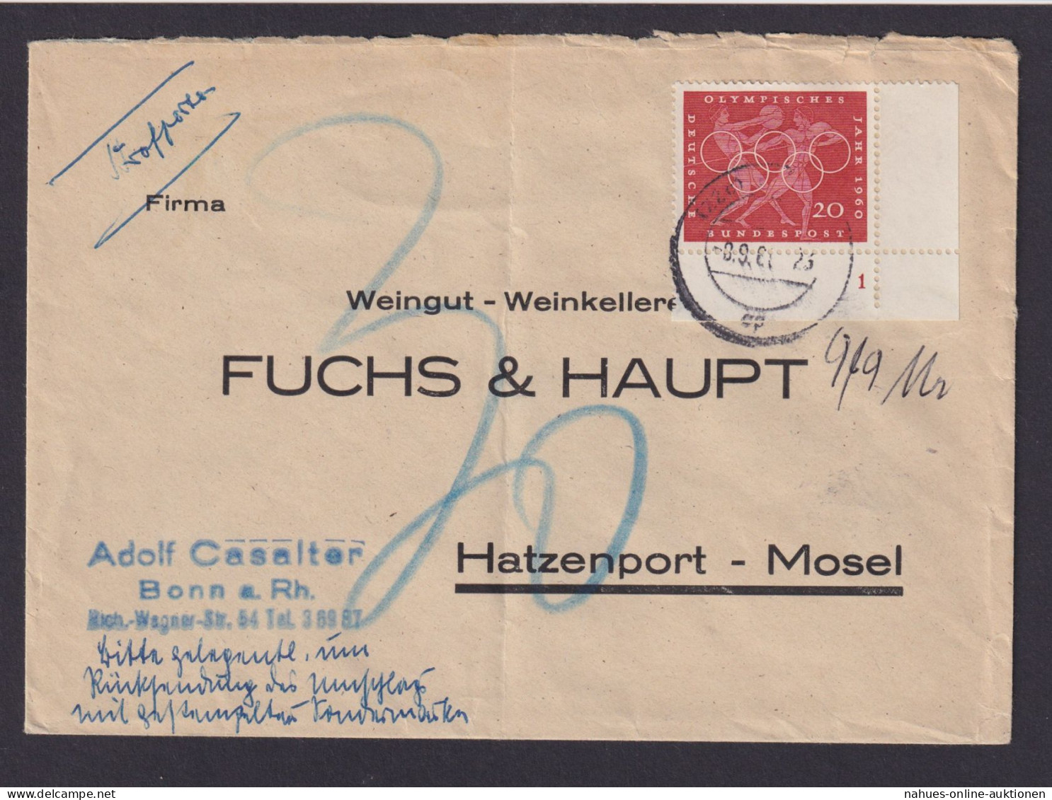 Bund Brief EF Olympia Bogenecke Eckrand Formnummer 1 Bonn Hatzenport Mosel - Covers & Documents