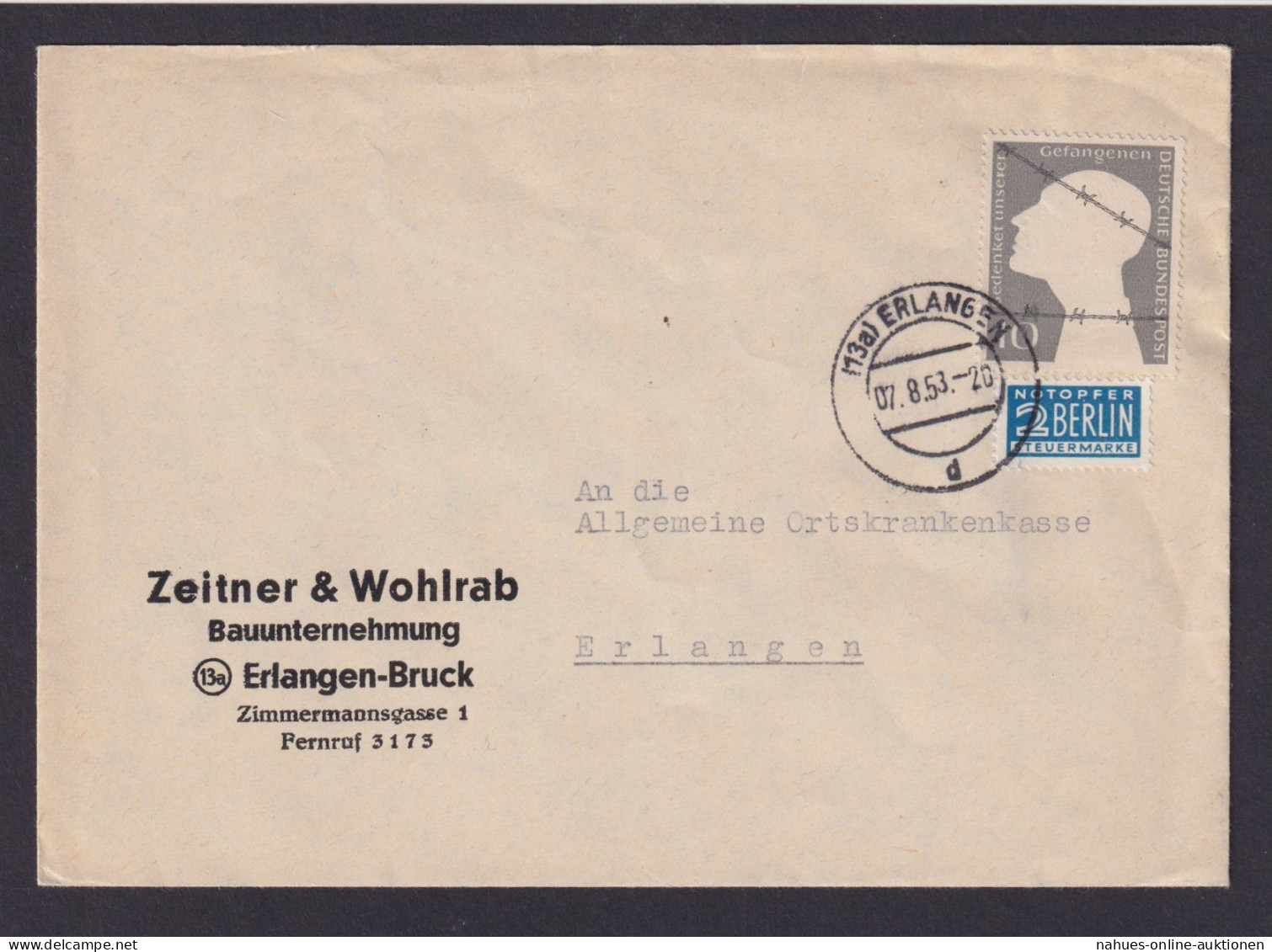 Bund EF 165 Kriegsgefangene Erlangen Bruck Brief Notopfer Selt. Vigentte 10 Pfg. - Covers & Documents