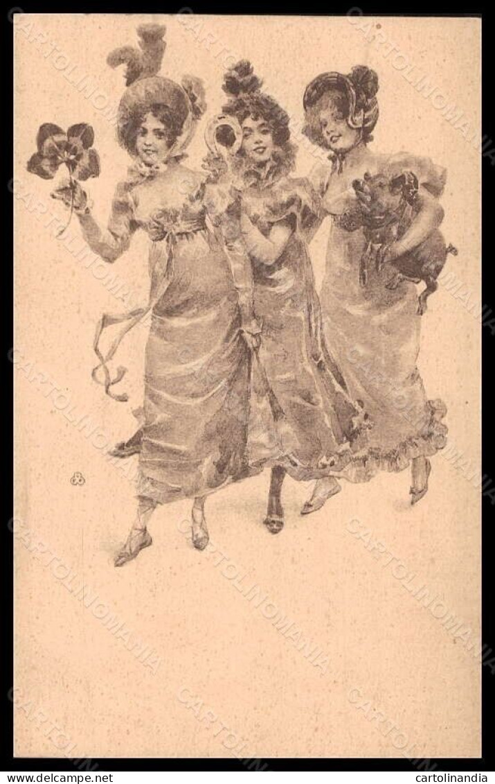 Artist Signed OPF Lady Art Nouveau Luck Pig Four-Leaf Clover Horseshoe Pc VK6156 - Autres & Non Classés