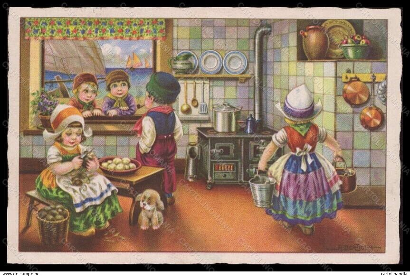 Artist Signed Illustratori Bertiglia Dutch Children Kitchen Serie 2623 Pc VK6137 - Autres & Non Classés