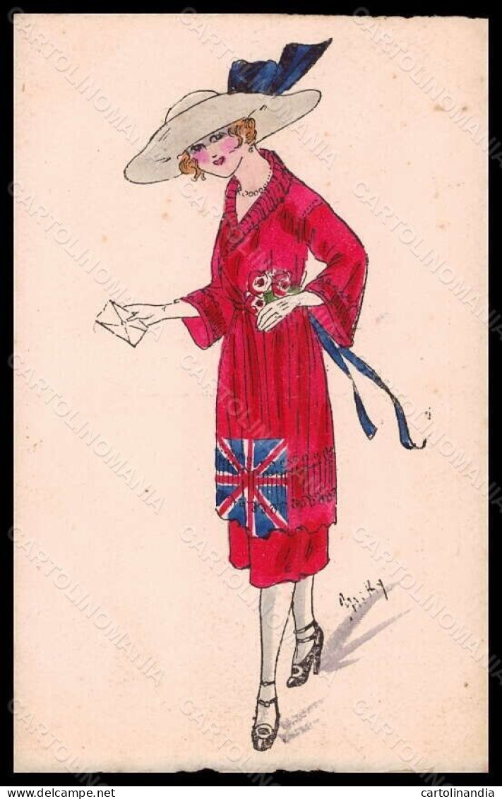 Artist Signed Miki Fashion Glamour Lady Mode Hand Painted British Flag Pc VK6222 - Autres & Non Classés