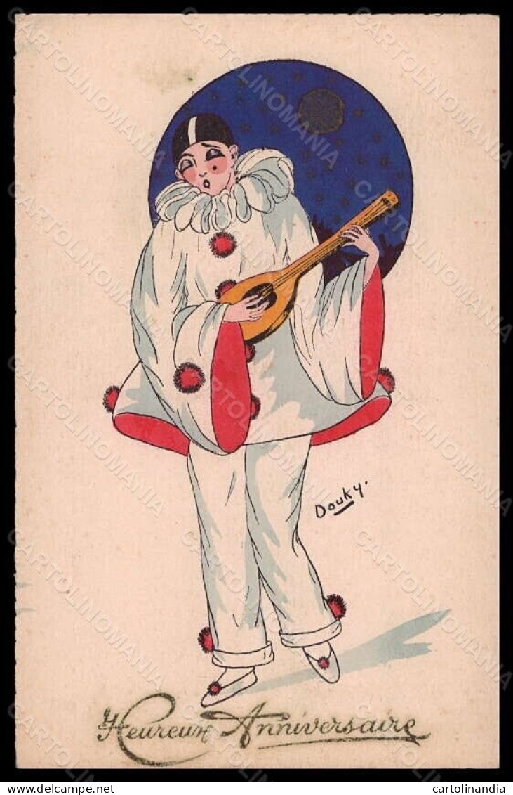 Artist Signed Illustratori Douky Pierrot Paper Moon Hand Painted Postcard VK6234 - Autres & Non Classés