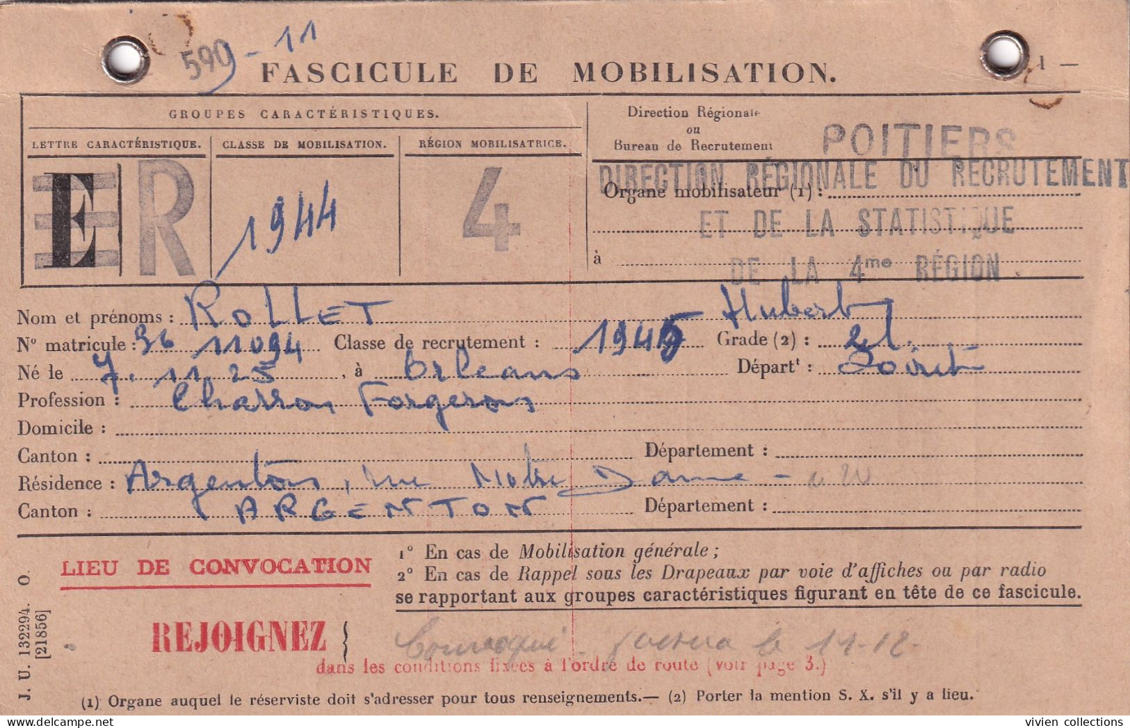 Poitiers (85) Fascicule De Mobilisation 1944 Rollet Charron Forgeron Résidant à Argenton (36) Classe De Recrutement 1945 - 2. Weltkrieg 1939-1945