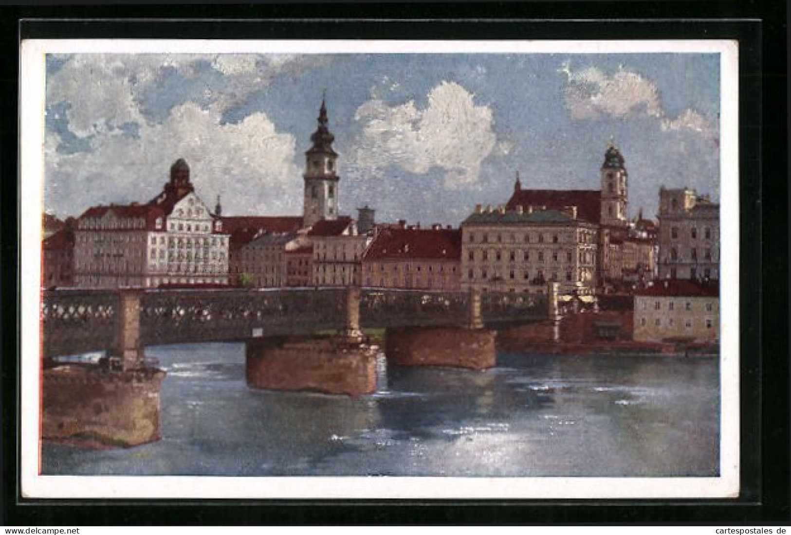 Künstler-AK Linz /Donau, Teilansicht Mit Donaubrücke  - Sonstige & Ohne Zuordnung