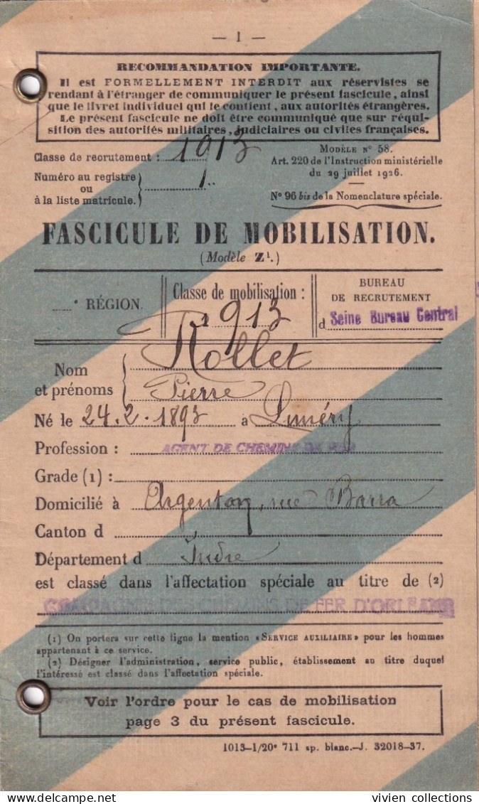 Paris Fascicule De Mobilisation 1939 Compagnie Des Chemins De Fer D'Orléans Classe De 1913 Domicilié Argenton (36) - WW II