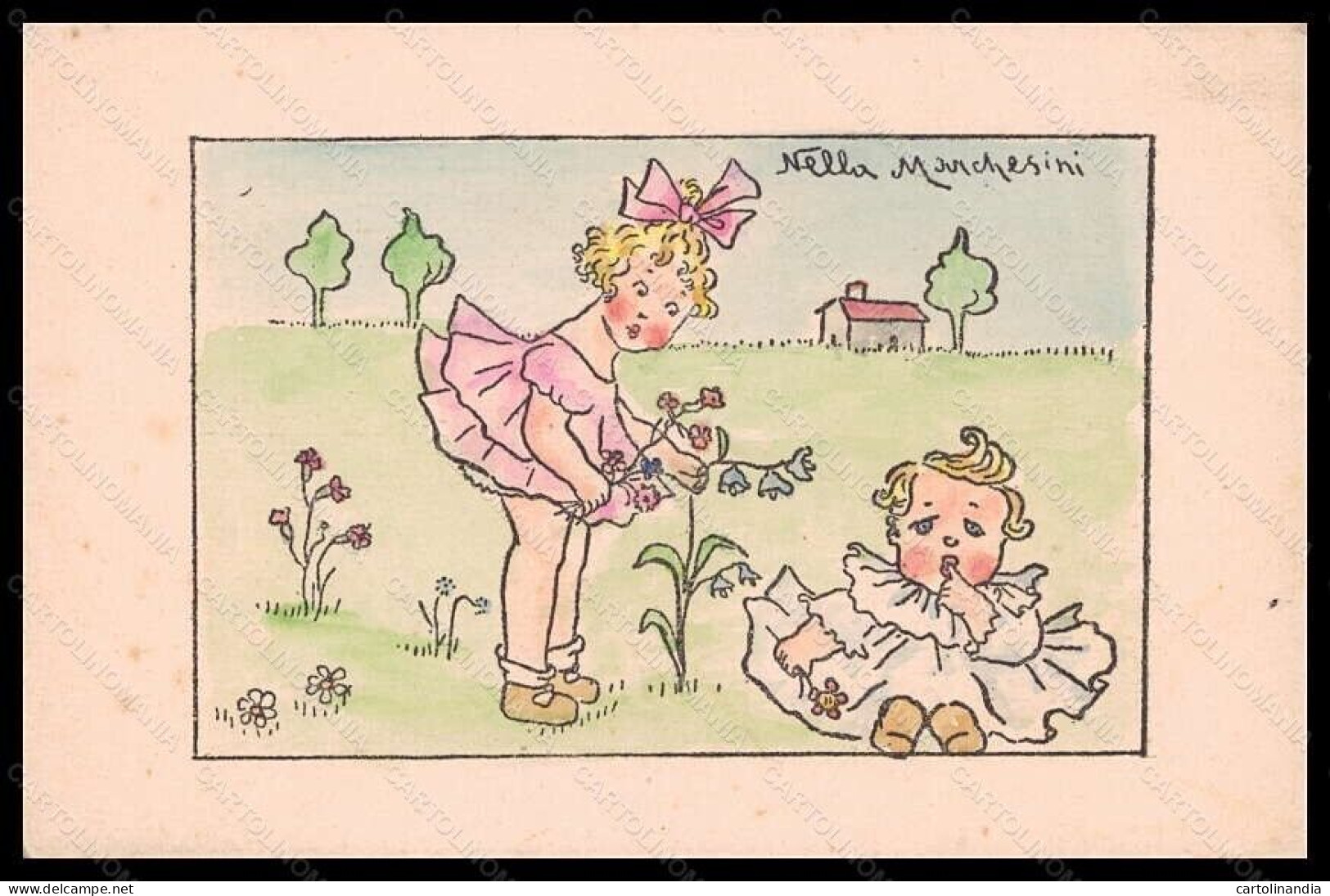 Artist Signed Marchesini Girl Baby Flowers WW1 Assistenza Bambini Pc VK6637 - Sonstige & Ohne Zuordnung