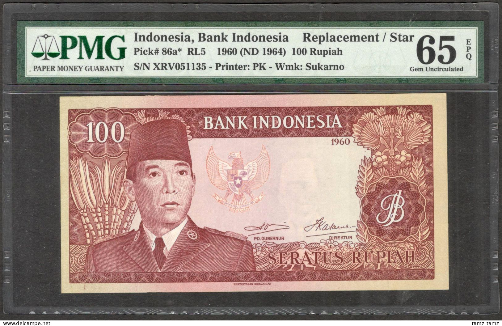 Indonesia 100 Rupiah President Soekarno Replacement P-86a* 1960 PMG GEM UNC - Indonesië