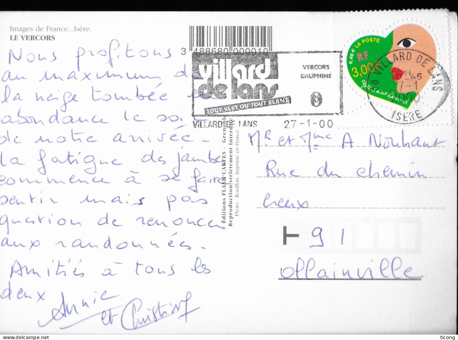 COEUR D YVES SAINT LAURENT TIMBRE DE 2000, SUR CARTE FLAMME VILLARD DE LANS ISERE 2000, CARTE LE VERCORS, A VOIR - Storia Postale